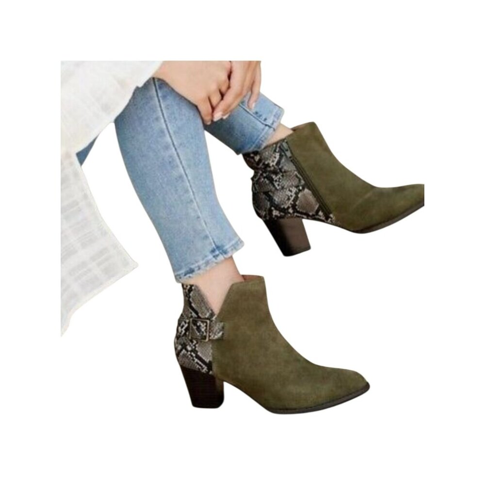 Vionic Naomi Snake Suede Ankle Boots Womens 7W Olive